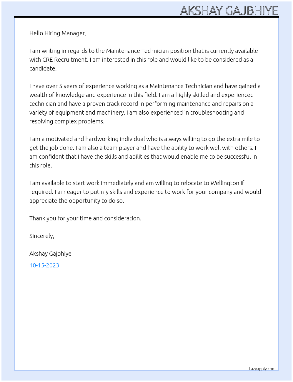 Maintenance technician At CRE recruitment Cover Letter