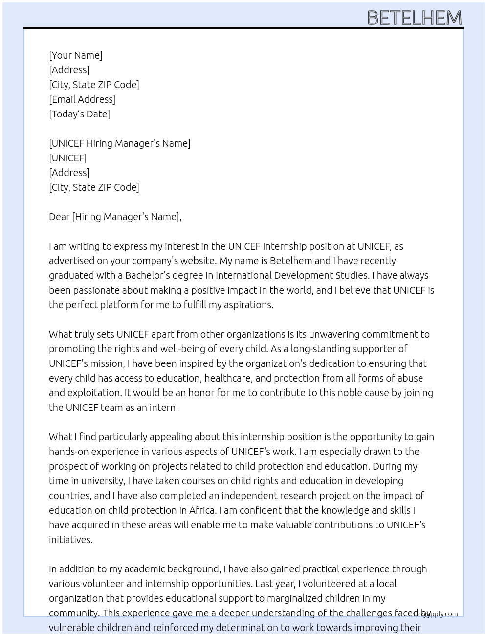 UNICEF internship At Unicef Cover Letter