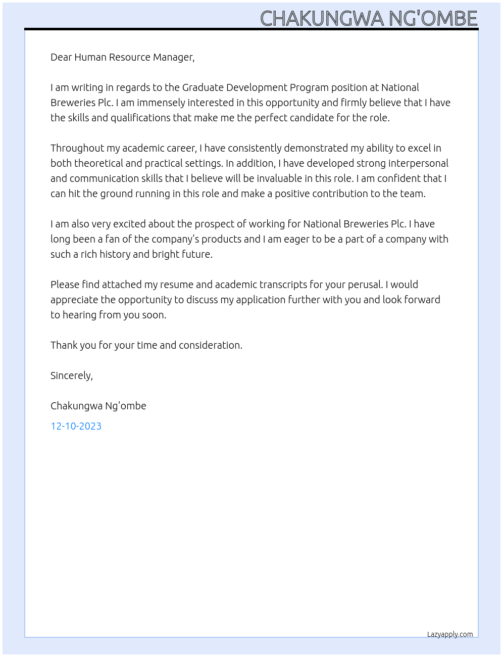 Graduate Development Program At National Breweries Plc Cover Letter