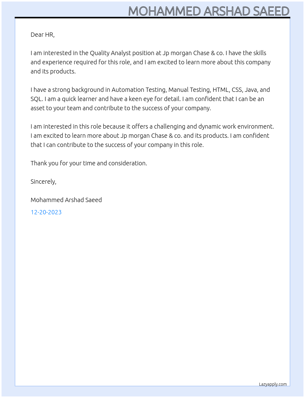 Quality Analyst At Jp morgan Chase & co. Cover Letter