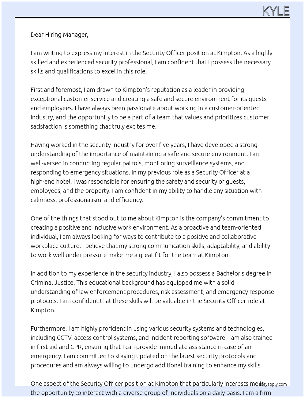 Security Officer At Kimpton Cover Letter