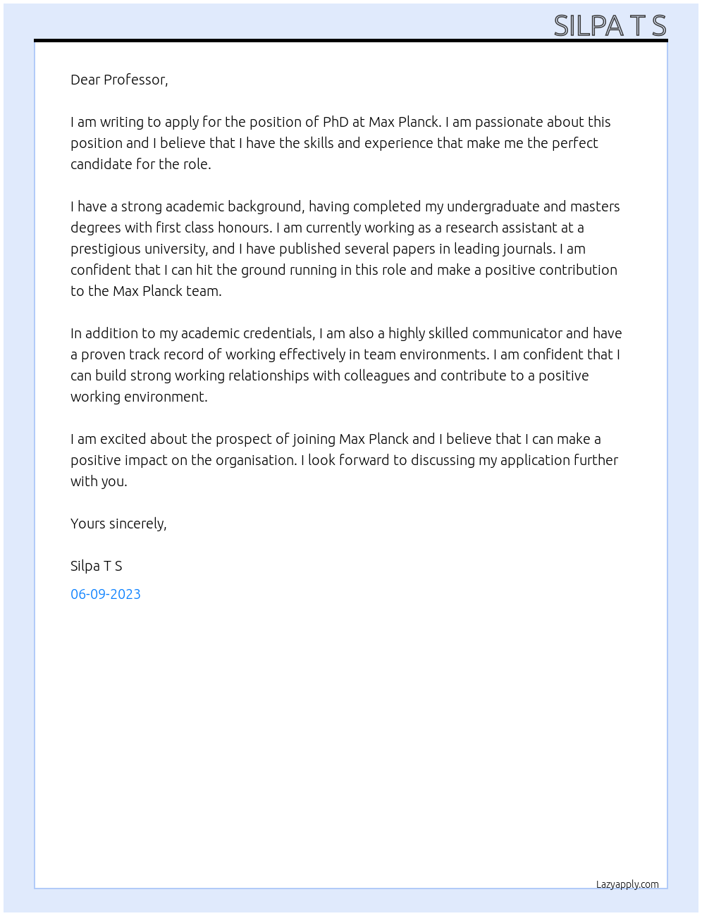 PhD At max planck Cover Letter