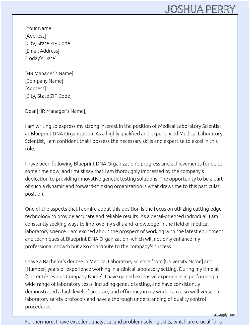 MEDICAL LABORATORY SCIENTIST At BLUEPRINT DNA ORGANIZATION Cover Letter
