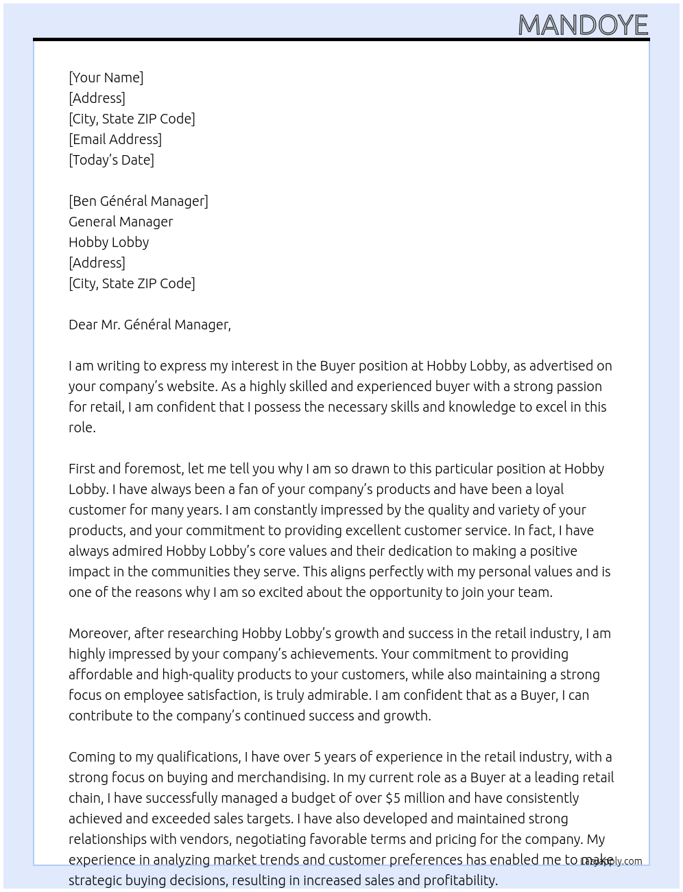 Buyer At Hobby lobby Cover Letter