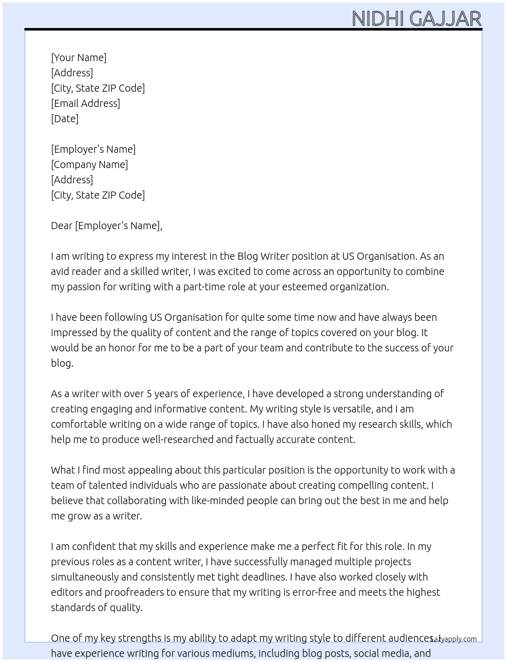 Blog writer At US Organisation Cover Letter