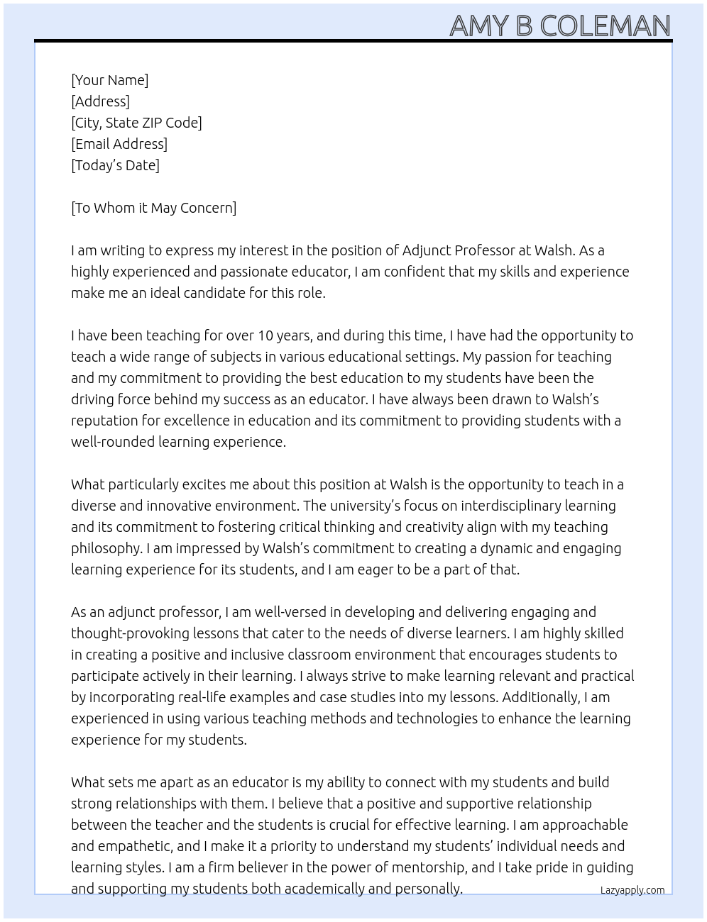 adjunct professor At Walsh Cover Letter