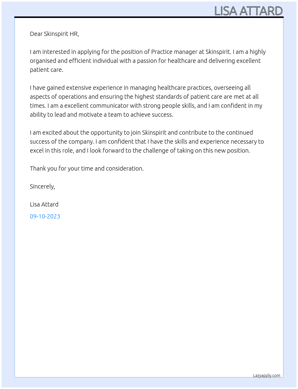 Practice manager At Skinspirit Cover Letter