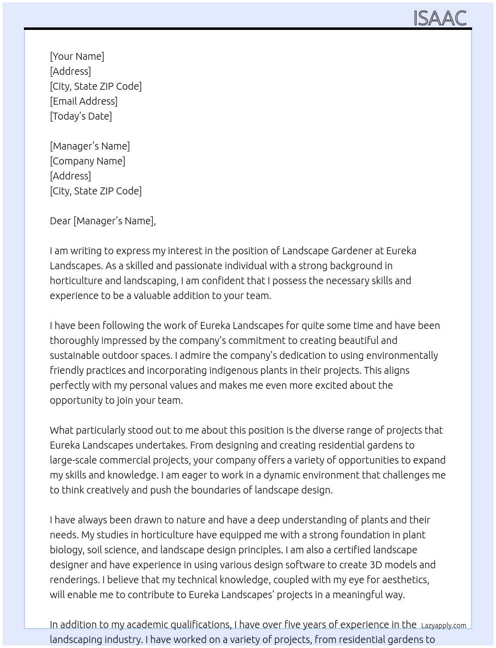 landscape gardener  At Eureka Landscapes Cover Letter