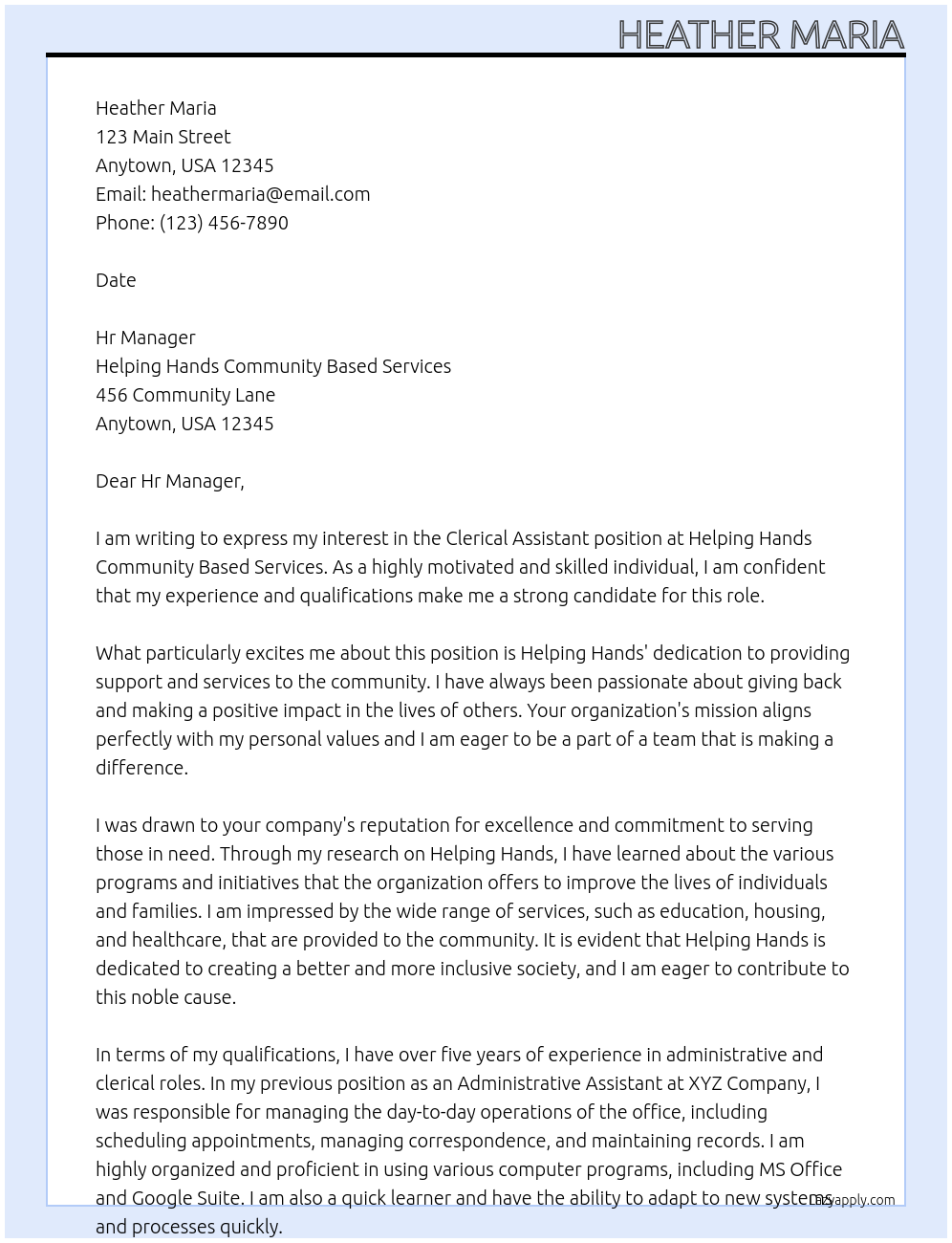 clerical assistant At helping hands community based services Cover Letter