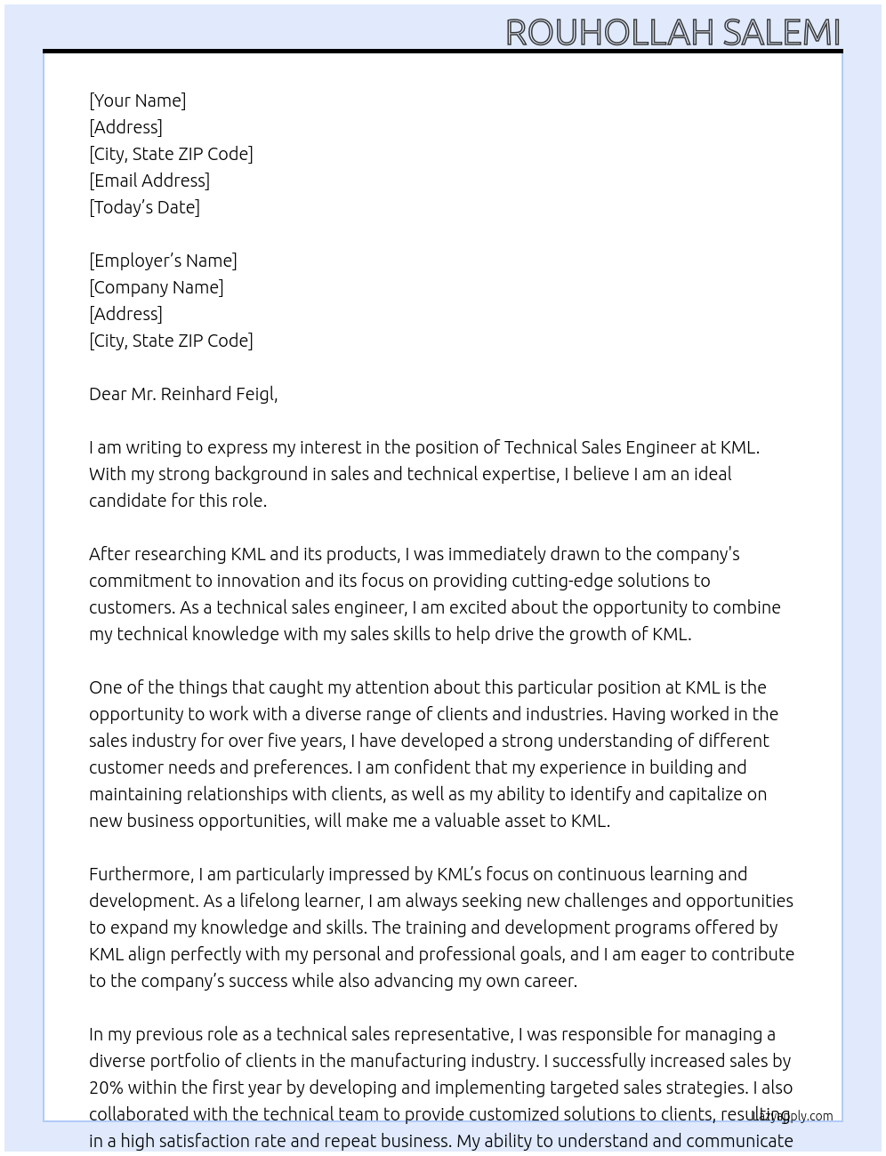 technical sales engineer At kml Cover Letter