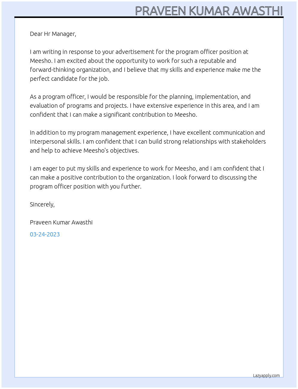 program officer At Meesho Cover Letter