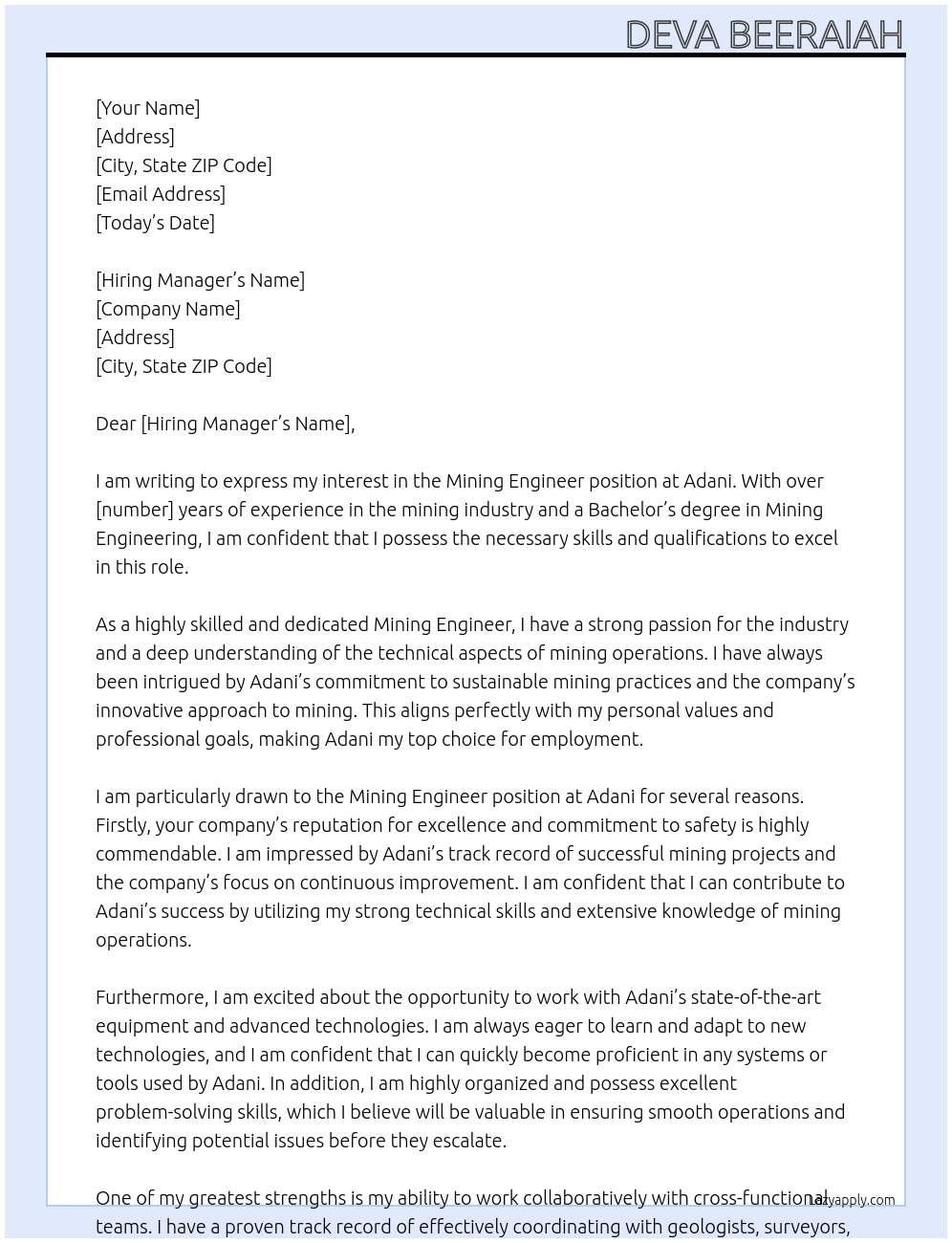 MINING ENGINEER At Adani Cover Letter