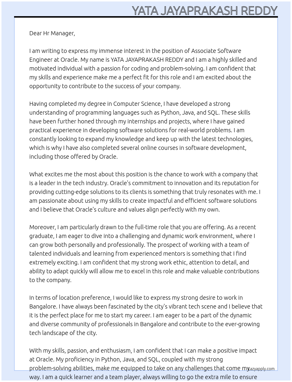 Associate Software Engineer  At Oracle Cover Letter