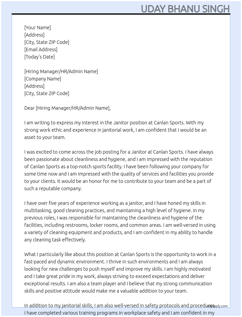 Janitor At Canlan Sports Cover Letter