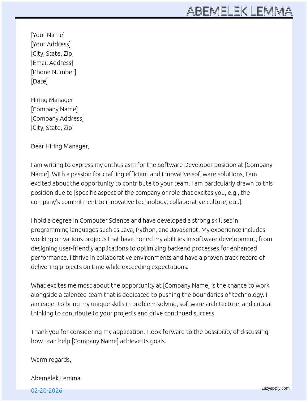 Software Developer At i don't know Cover Letter