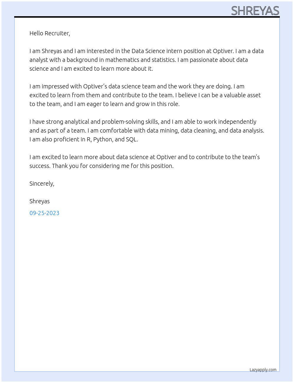 Data Science intern At Optiver Cover Letter