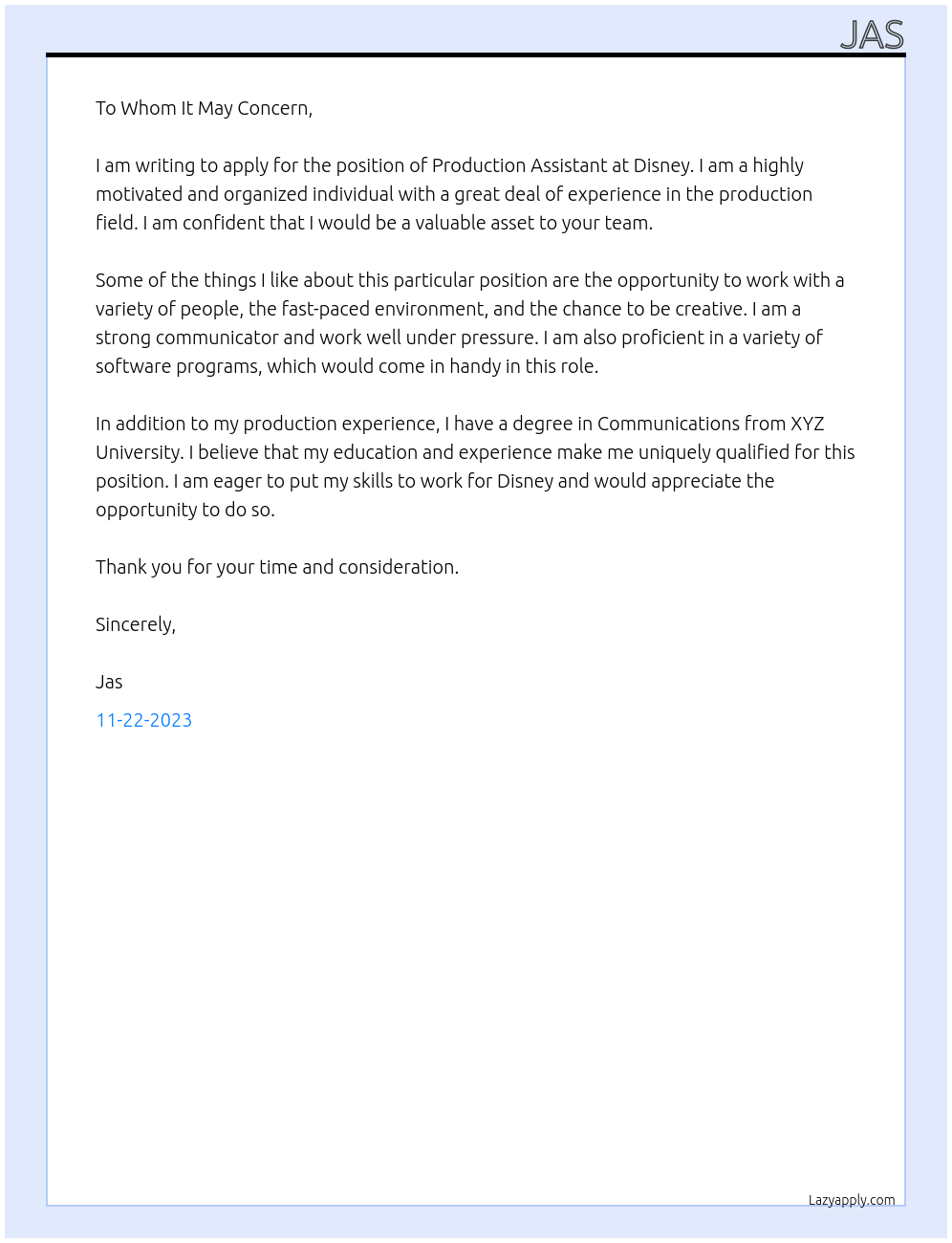 production assistant At disney Cover Letter