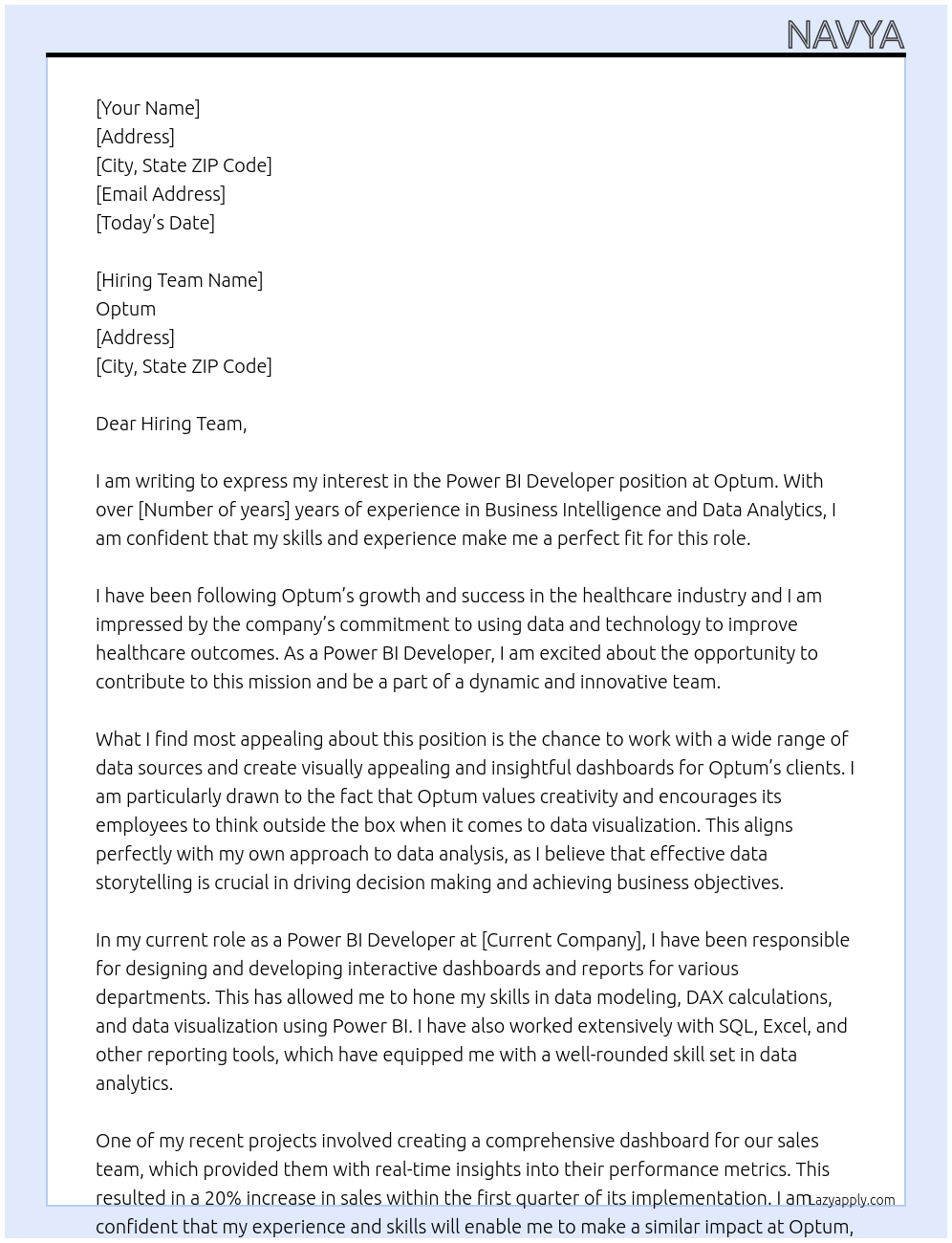 Power BI developer At Optum Cover Letter