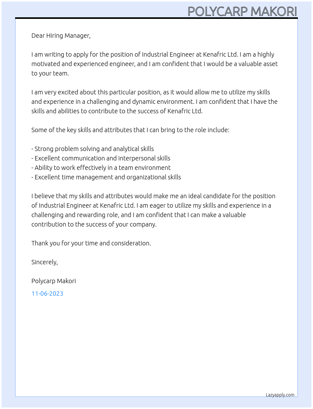 Industrial Engineer  At Kenafric Ltd. Cover Letter