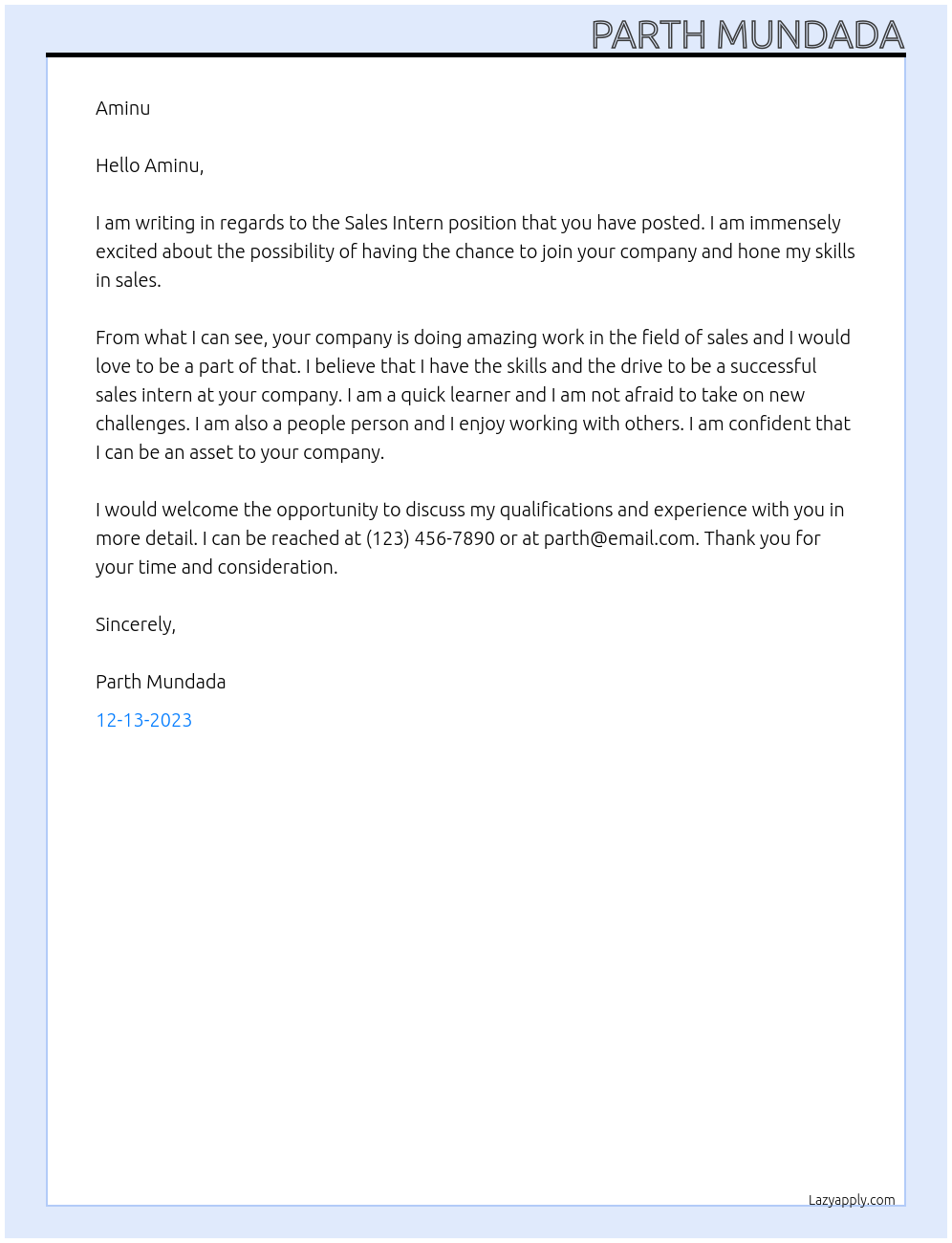 Sales intern At Aminu Cover Letter