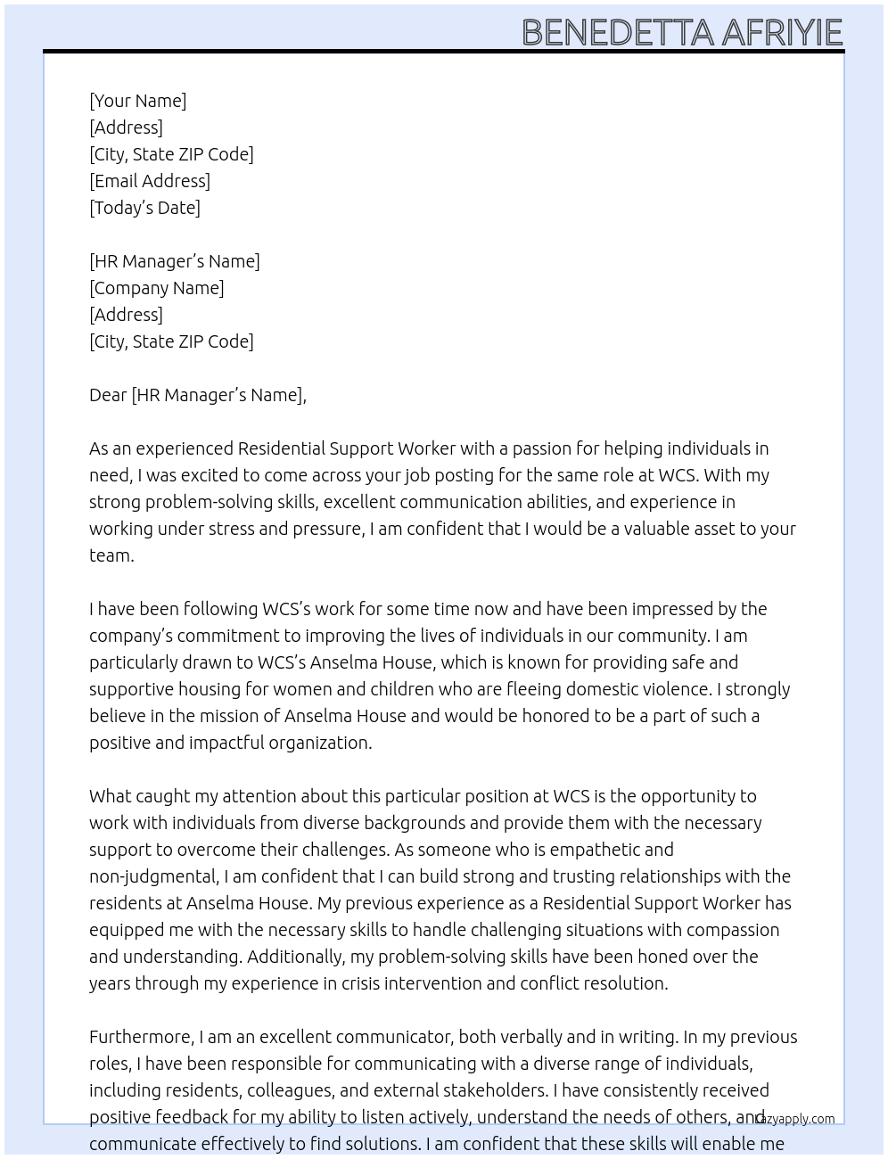Residential Support Worker At WCS Cover Letter