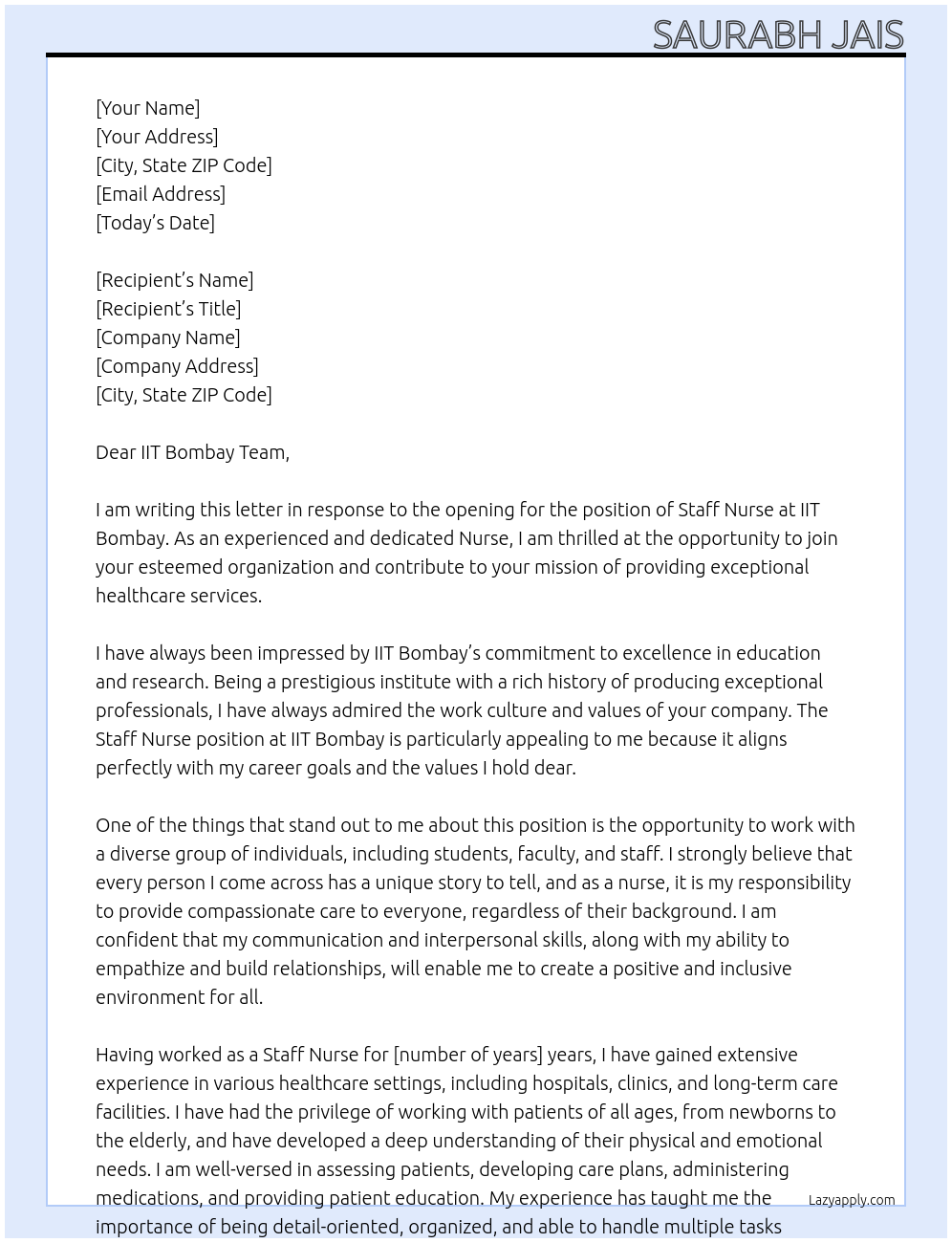 STAFF NURSE At IIT BOMBAY Cover Letter