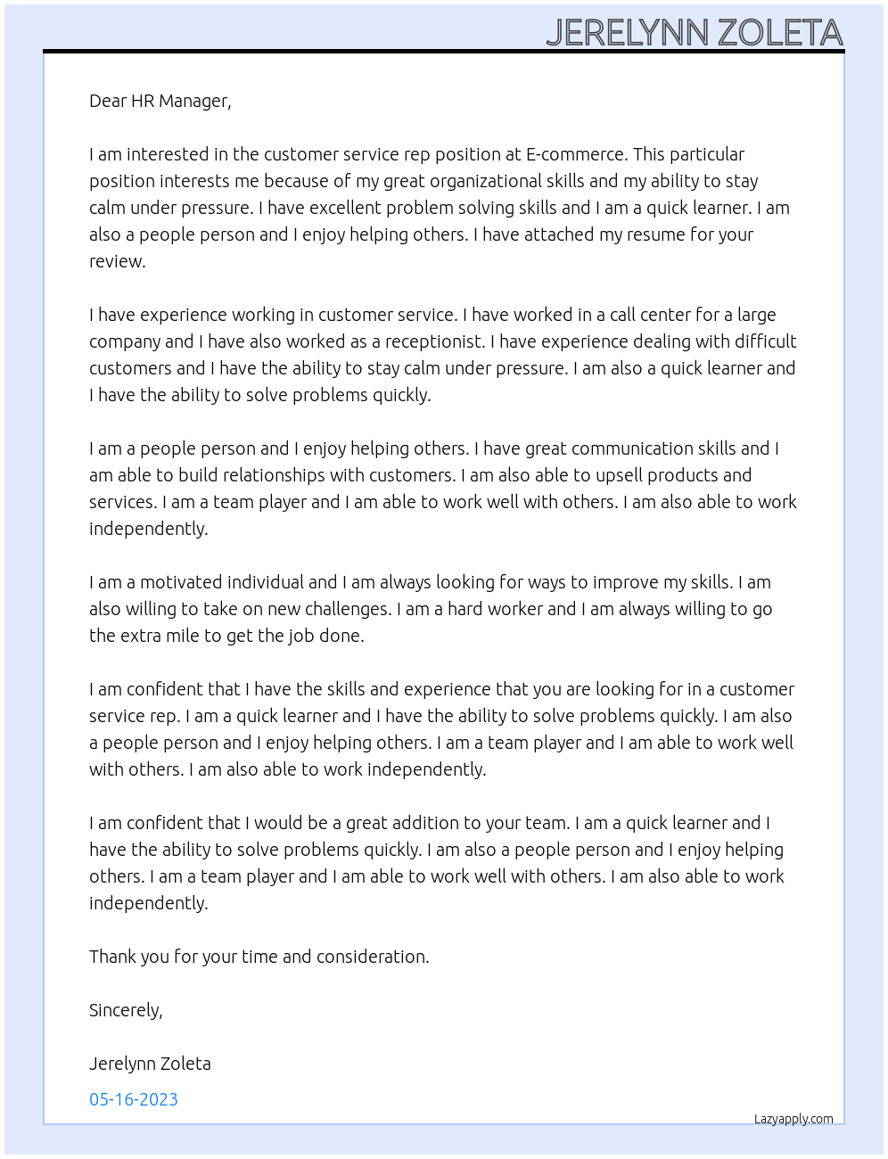 Customer Service Rep At E-commerce Cover Letter