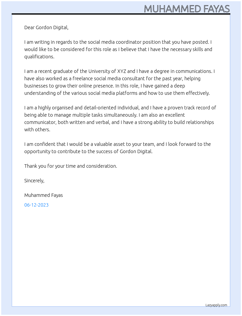 Social media coordinator At Gordon Digital Cover Letter