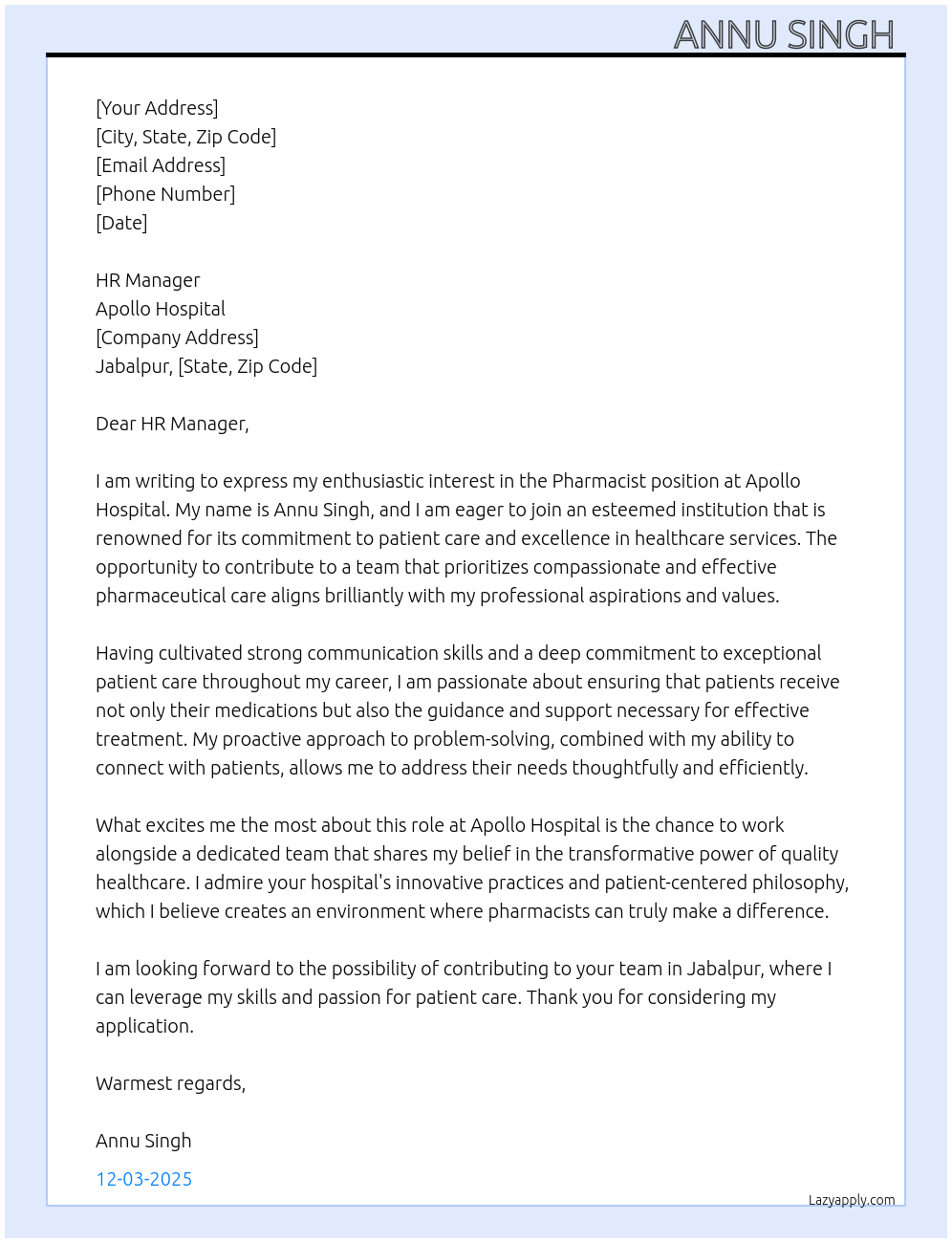 Pharmacist At Appollo hospital Cover Letter