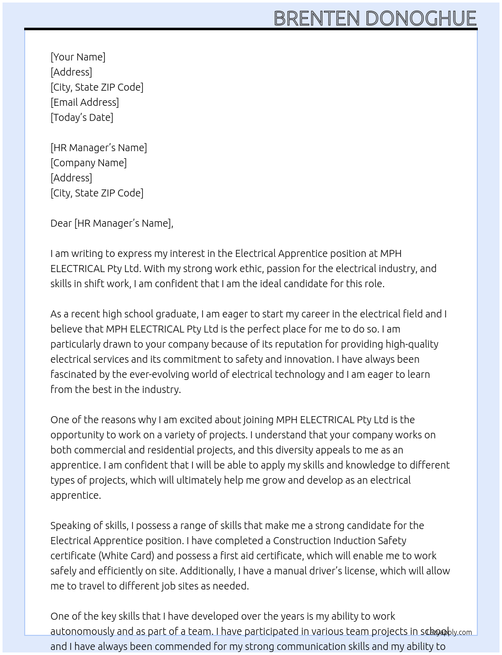 Electrical Apprentice At MPH ELECTRICAL Pty Ltd Cover Letter