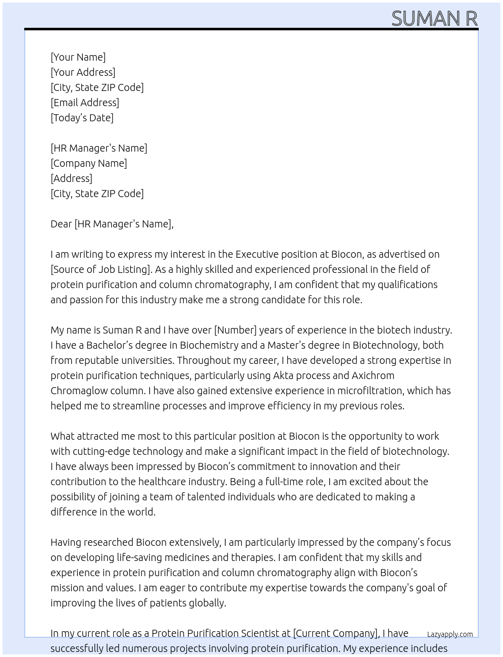 Executive At Biocon Cover Letter