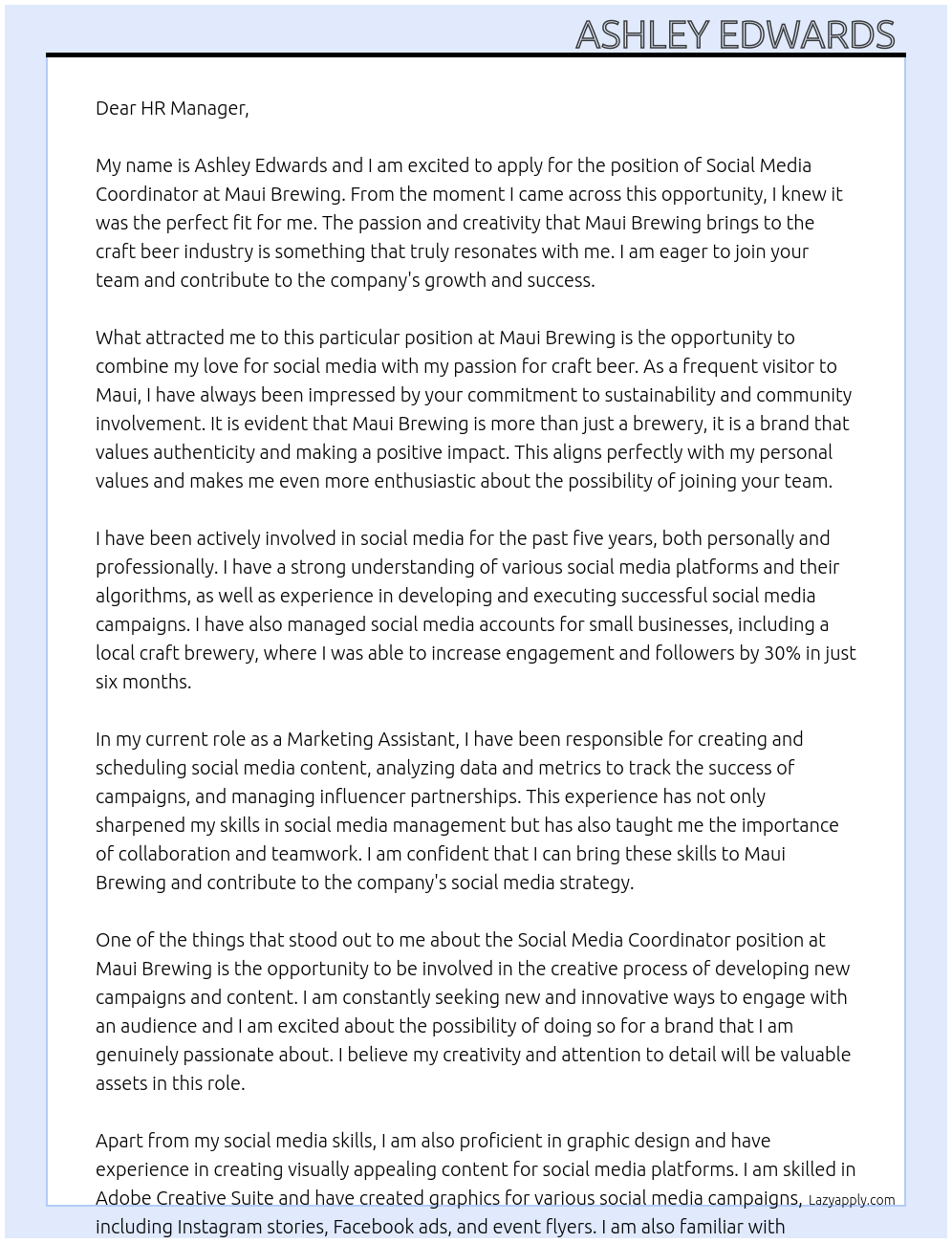Social Media Coordinator At Maui Brewing Cover Letter