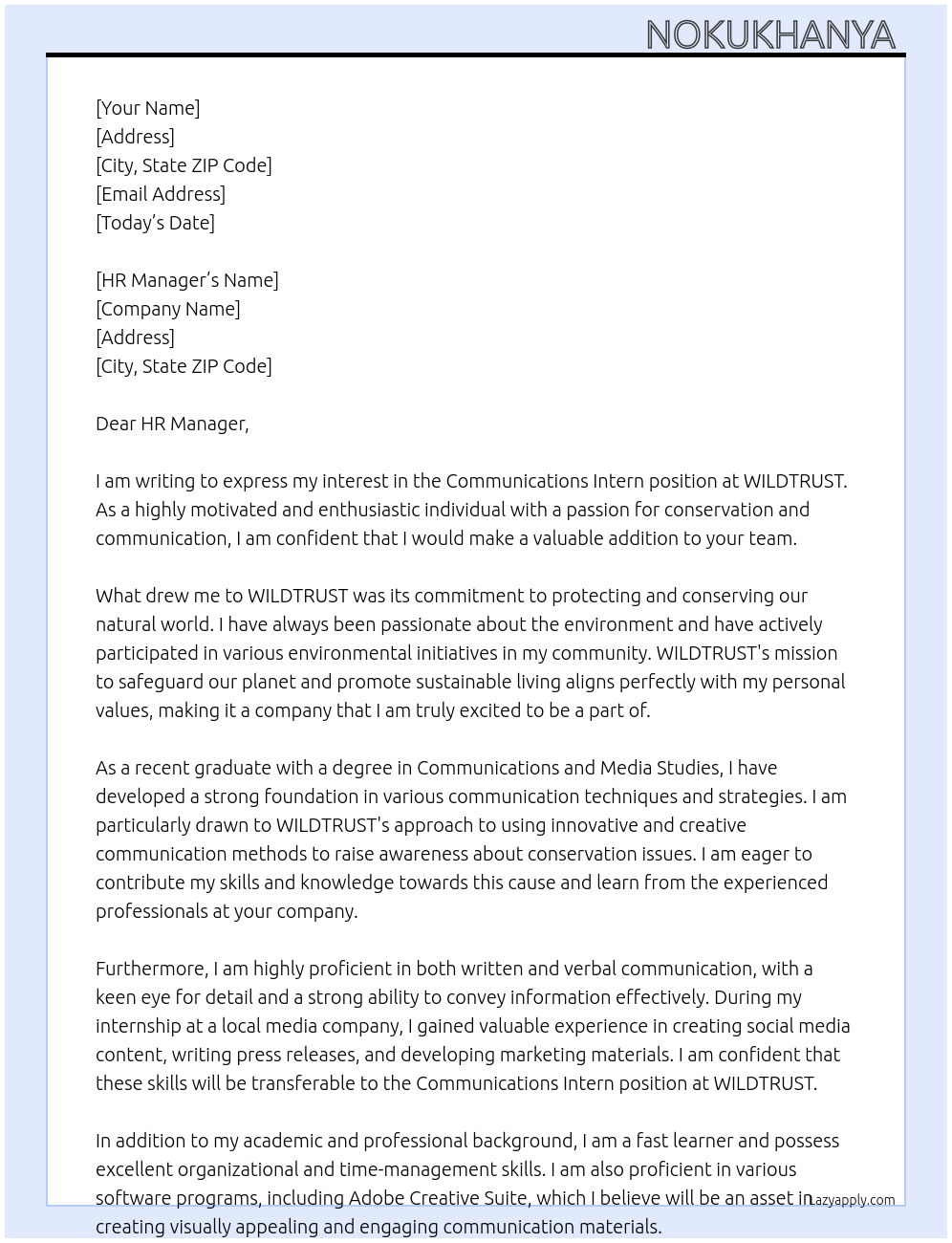 Communications Intern At WILDTRUST Cover Letter