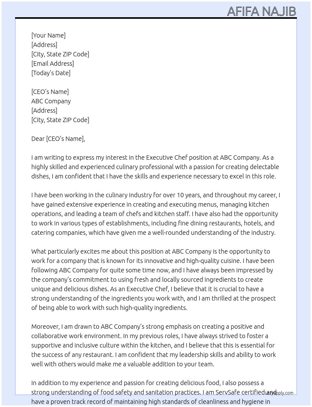 Executive Chef At abc Cover Letter