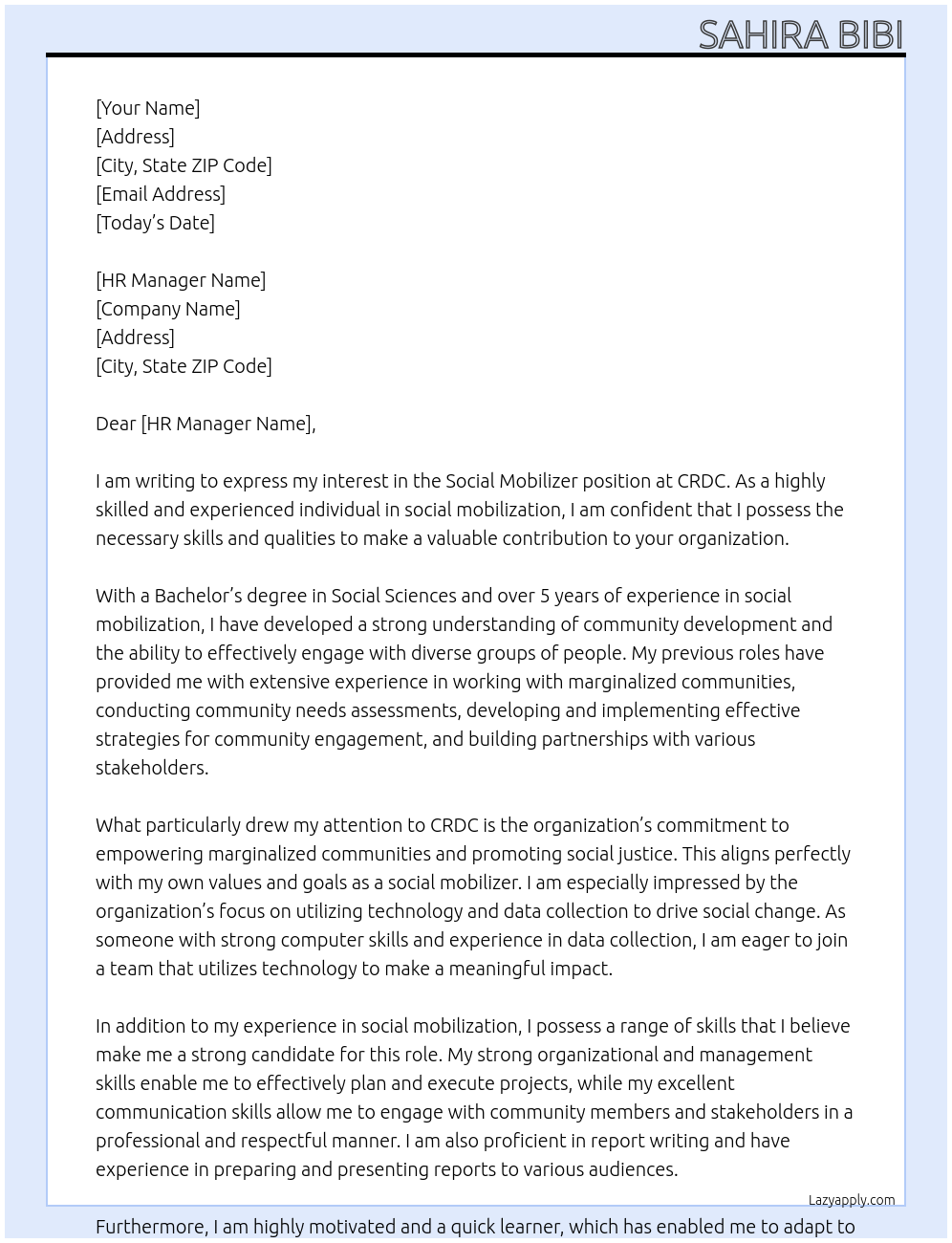 Social mobilizer At CRDC Cover Letter