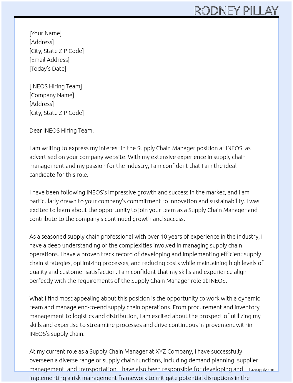 SUPPLY CHAIN MANAGER At INEOS Cover Letter