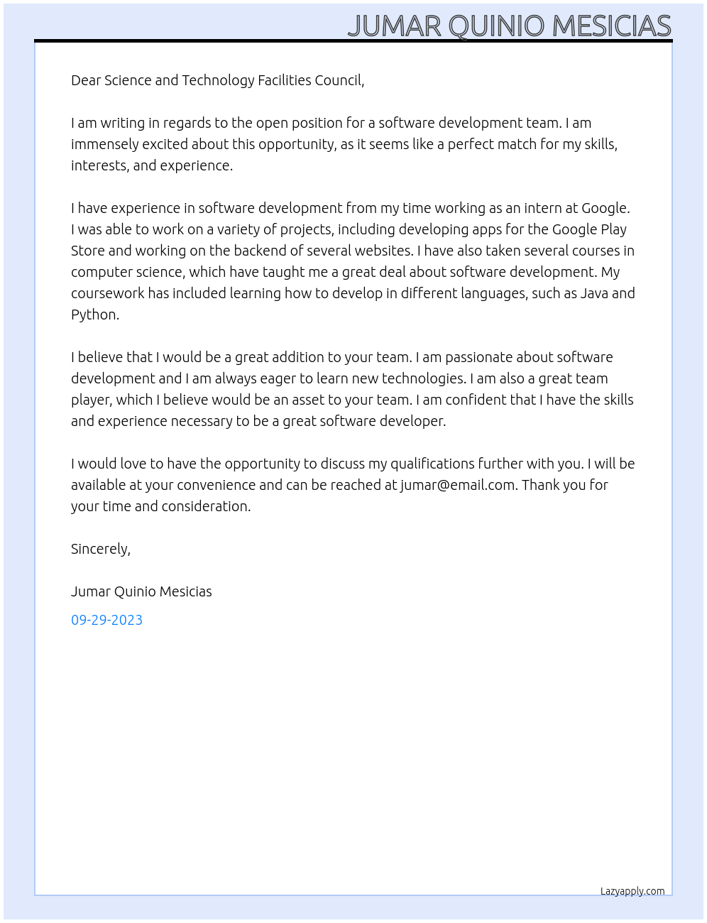 Software Development At Science and Technology Facilities Council Cover Letter