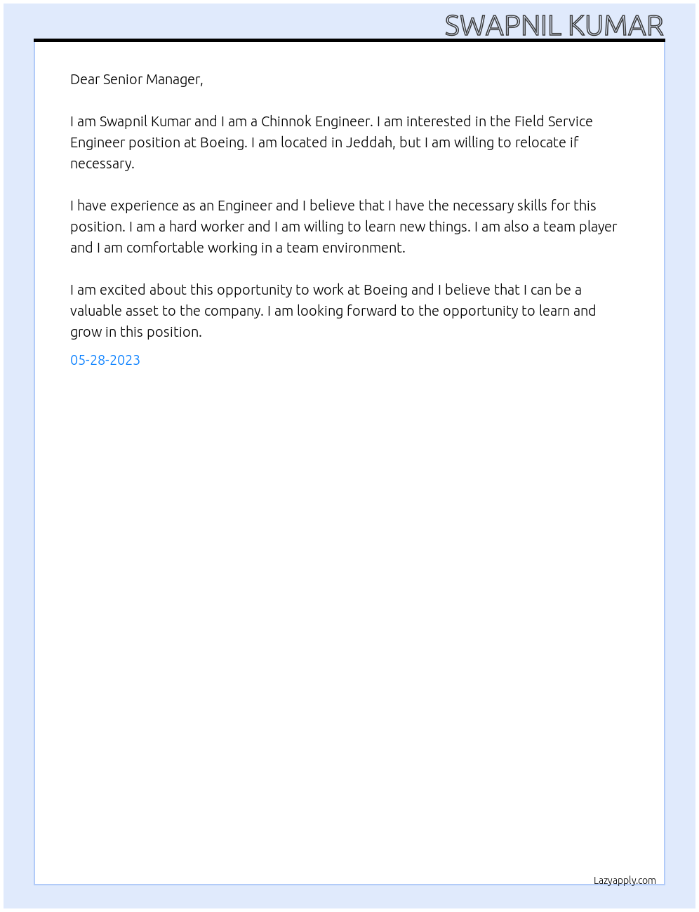 Field Service Engineer At Boeing Cover Letter