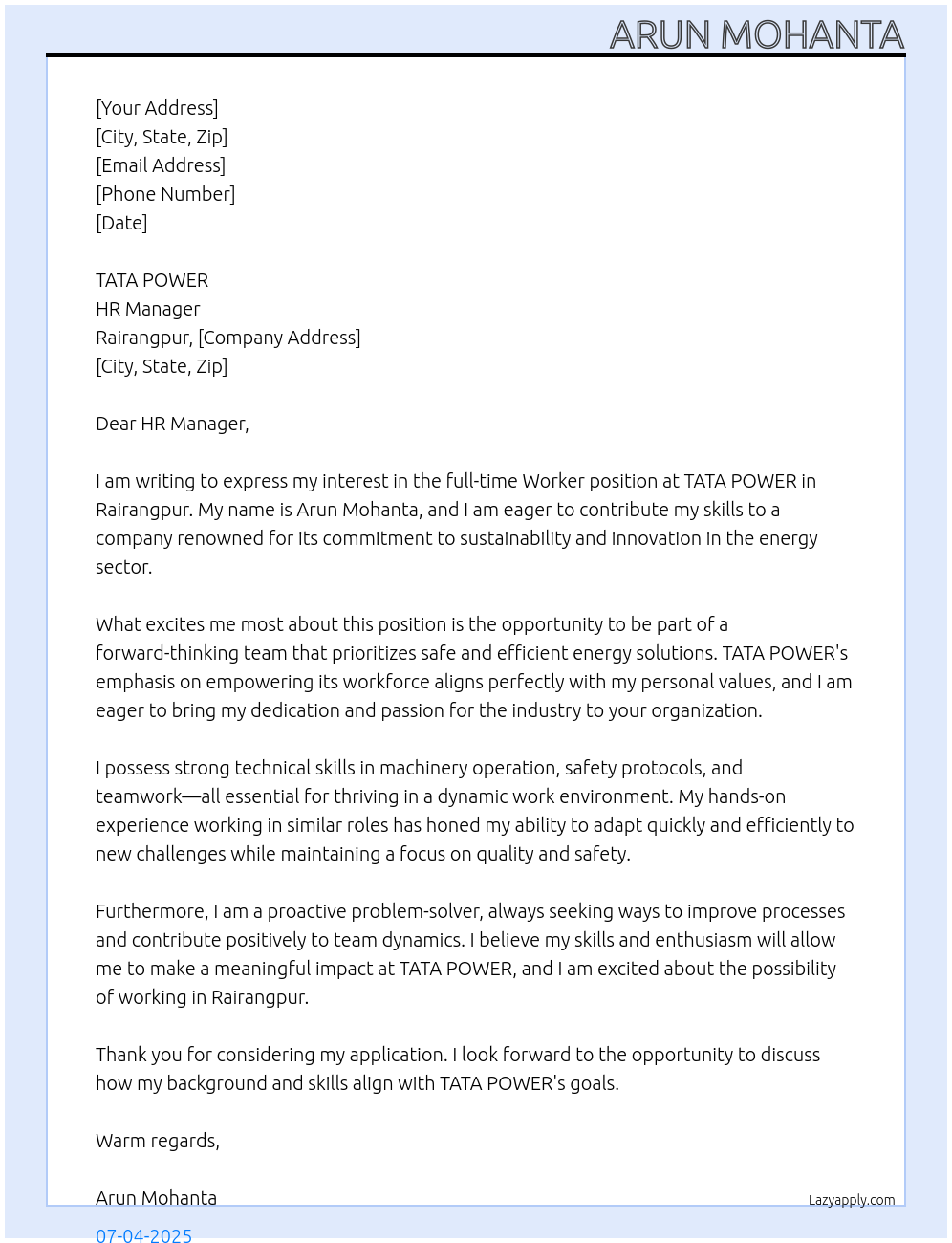 WORKER At TATA POWER Cover Letter