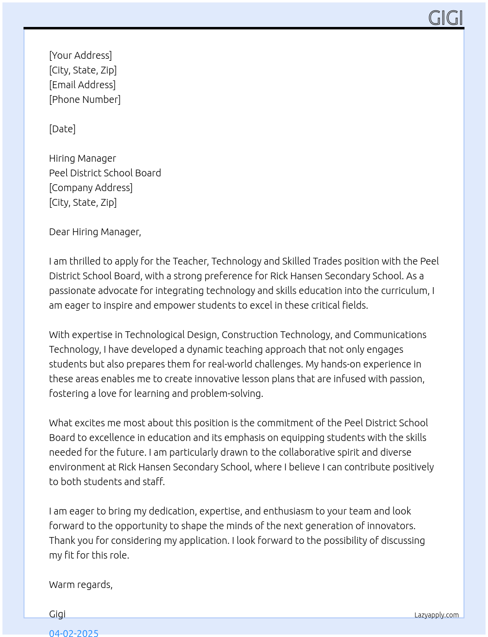 Teacher, Technology and Skilled Trades At Peel District School Board Cover Letter