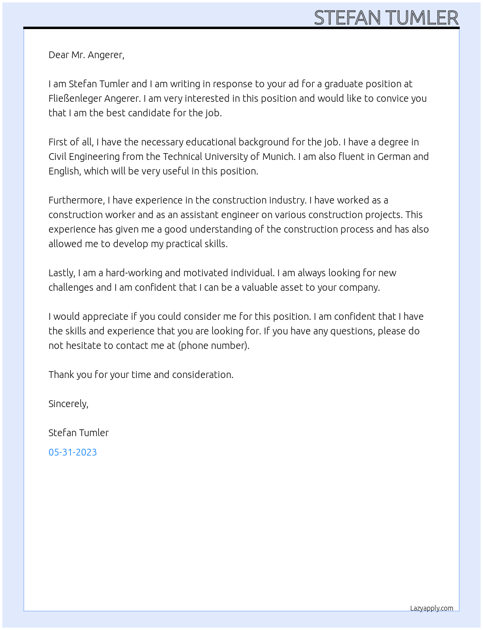 Graduate At Fließenleger Angerer Cover Letter