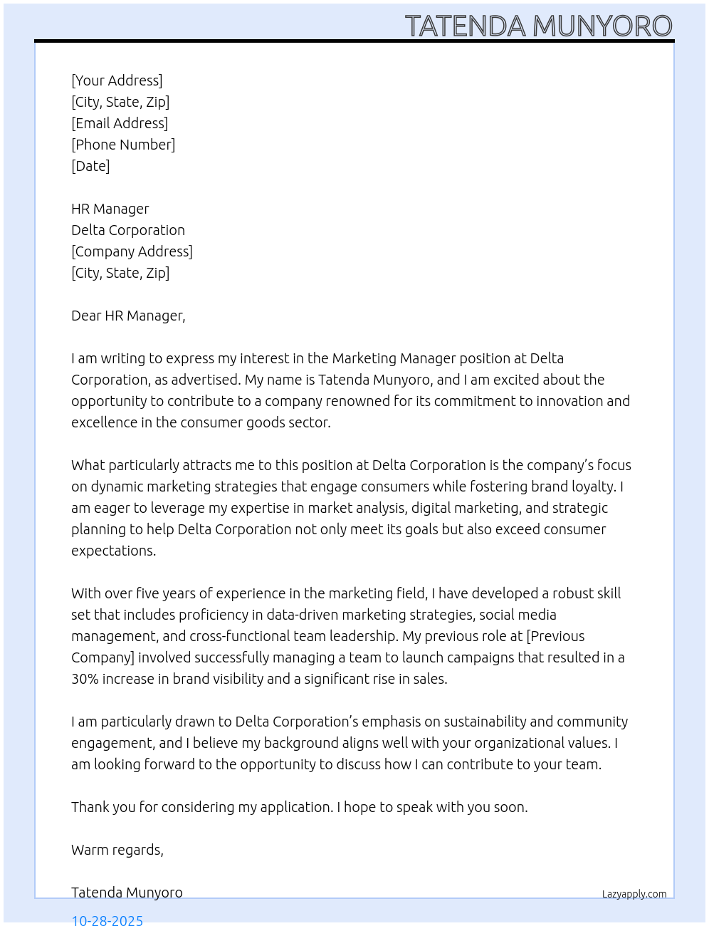 Cover letter for marketing manager - LazyApply