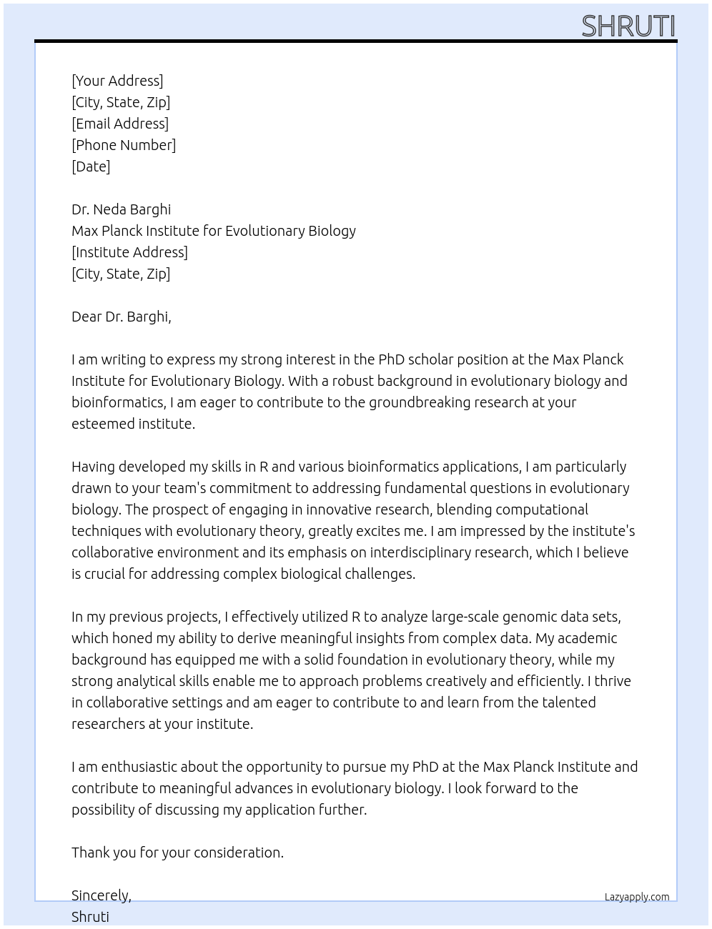 PhD scholar At Max Planck Institute for Evolutionary Biology Cover Letter
