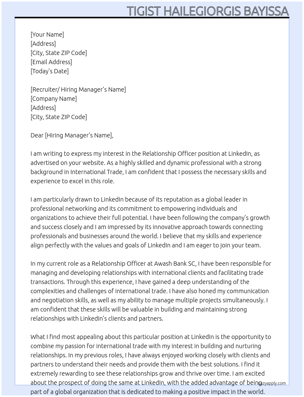 Relationship Officer At linkdin Cover Letter