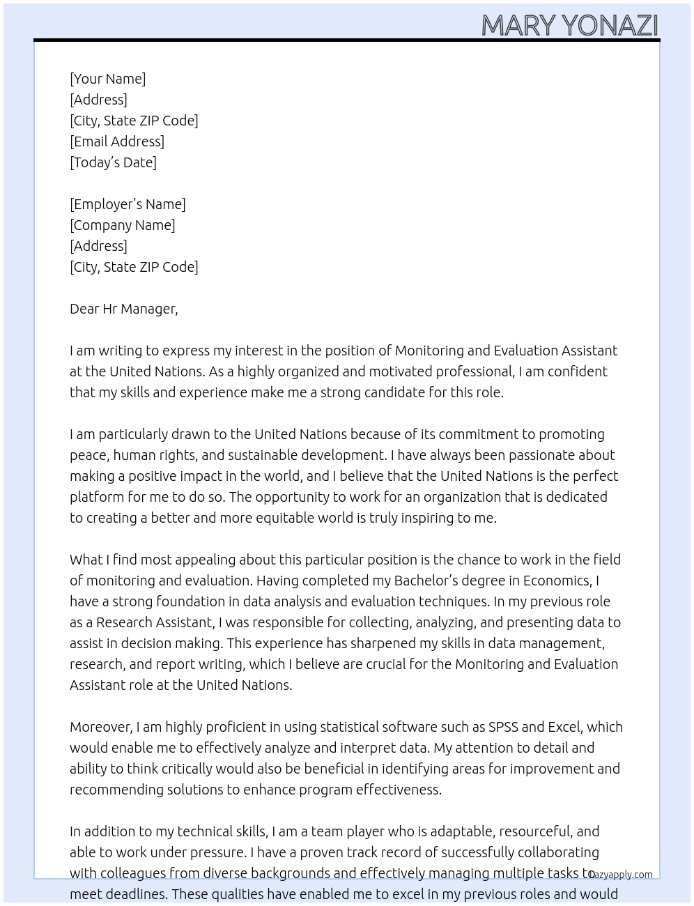 Monitoring and evaluation assistant At United Nations Cover Letter