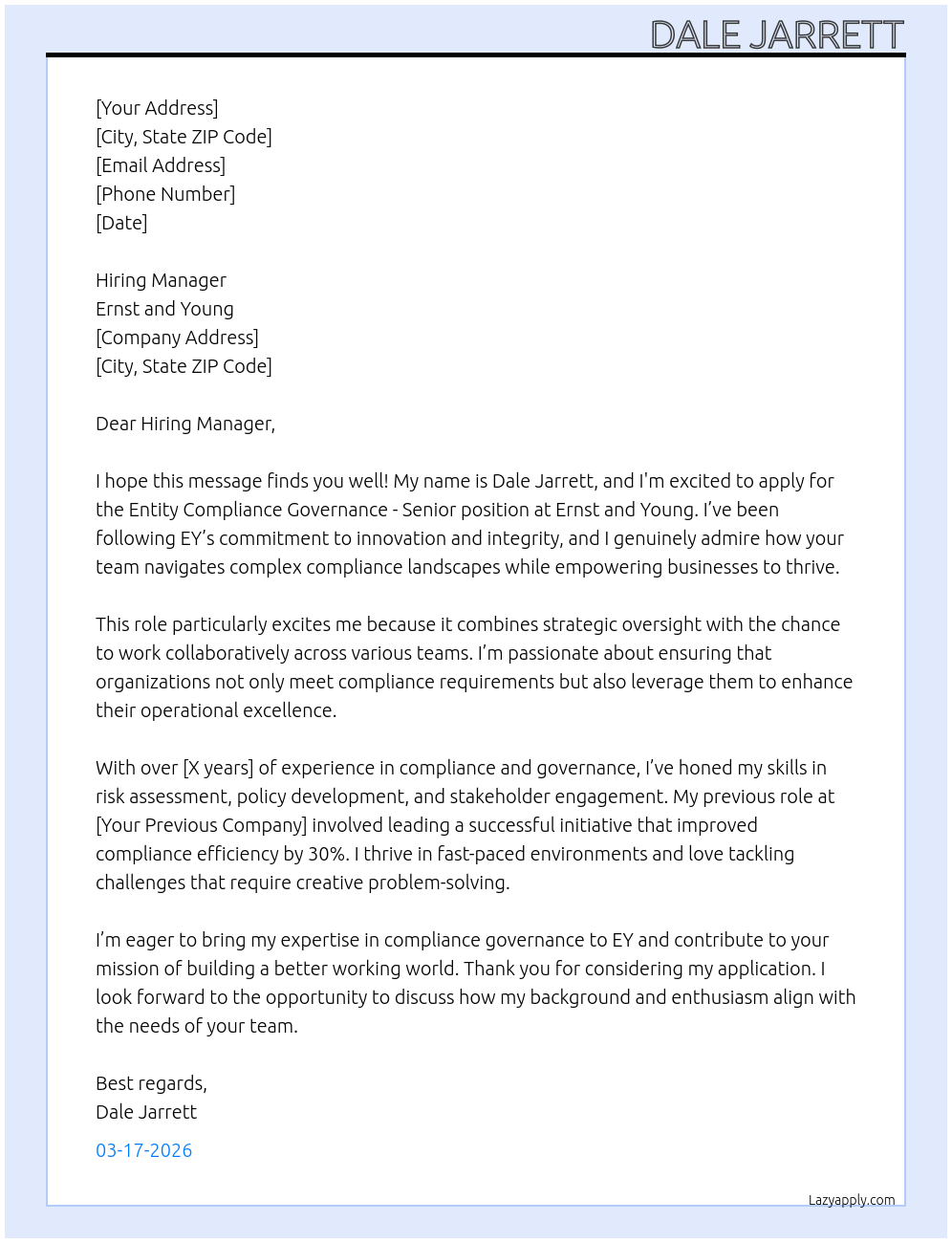 Entity Compliance Governance - Senior At Ernst and Young Cover Letter