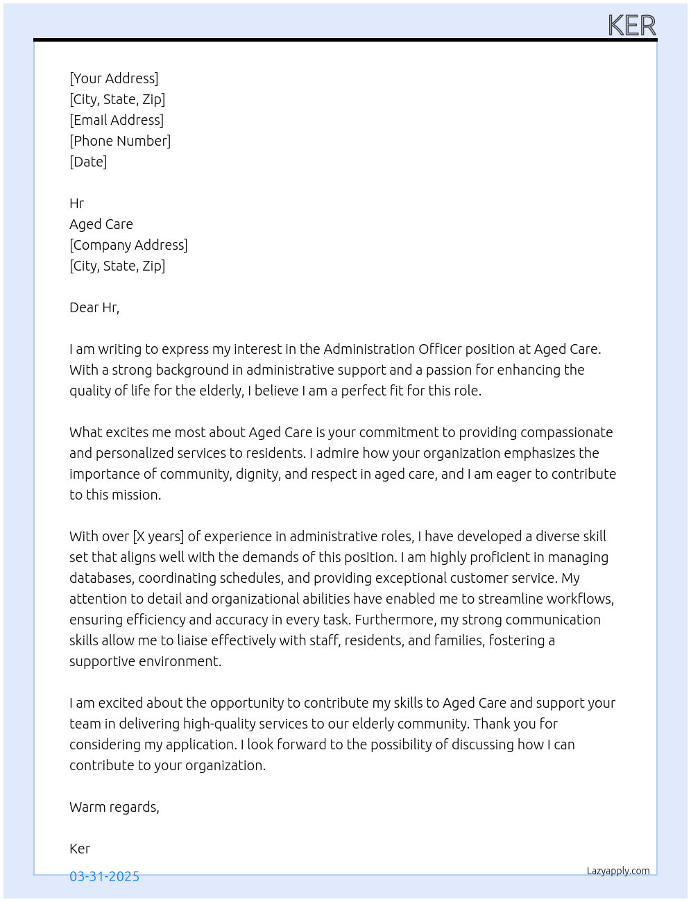 Administration officer At Aged care Cover Letter