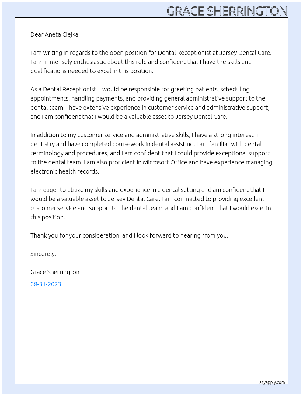 Dental Receptionist At Jersey Dental Care Cover Letter