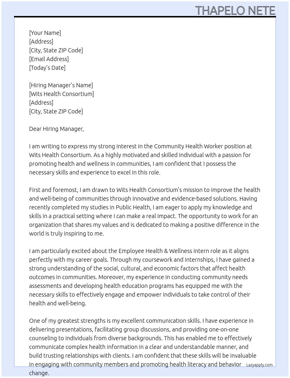 community health worker At wits health consortium Cover Letter
