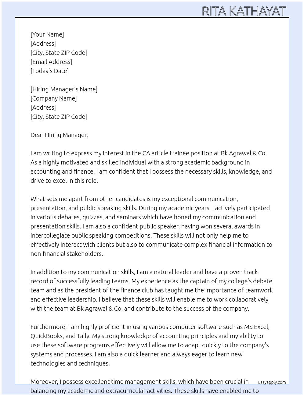 CA article trainee At Bk Agrawal & co. Cover Letter
